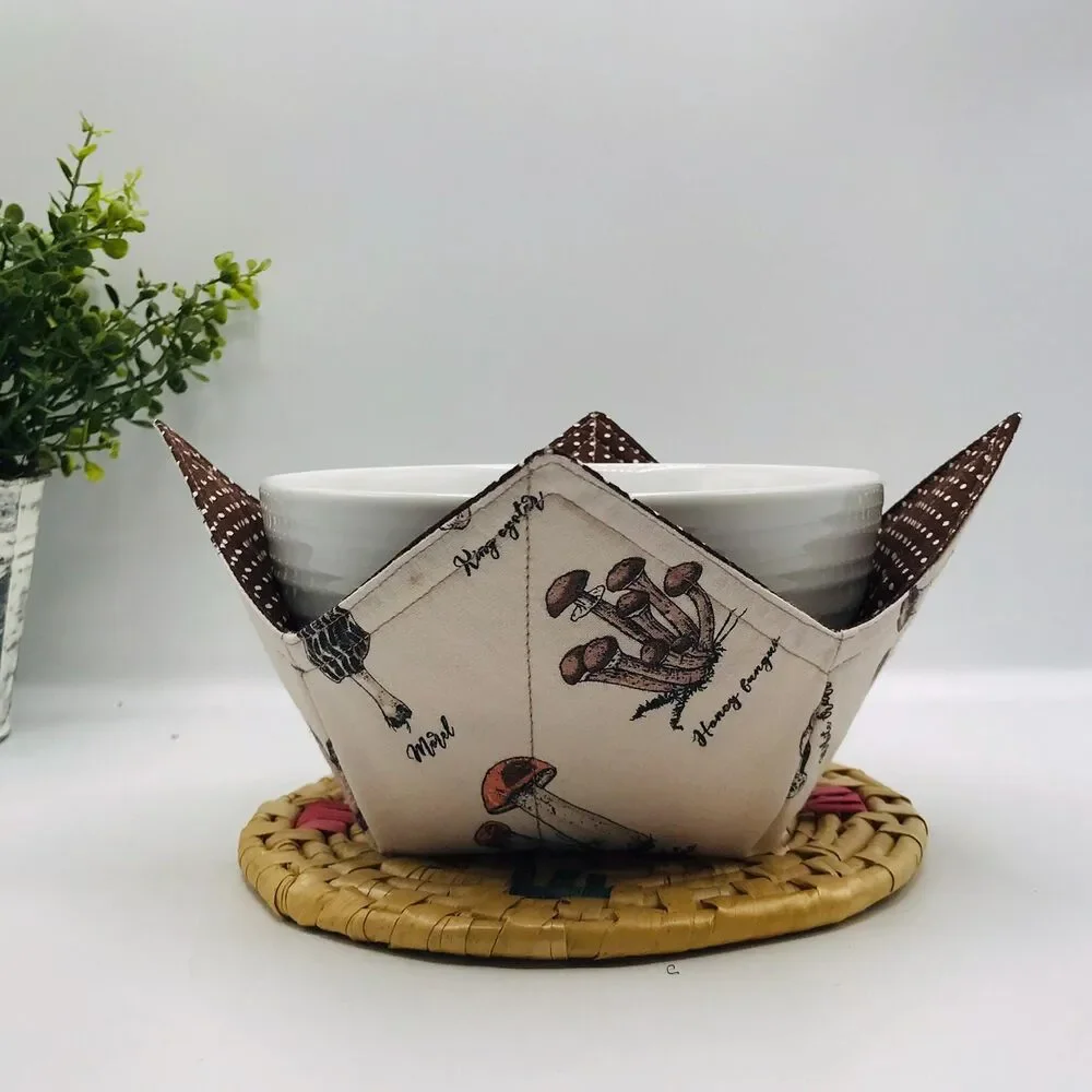 3 Piece Set of Microwave Cozies, Reversible Neutral Mushrooms, Plate, Bowl, Pint